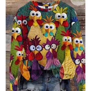 Lune Colorful Chicken Pullover Crew Neck Sweatshirt Women’s 8/10 New